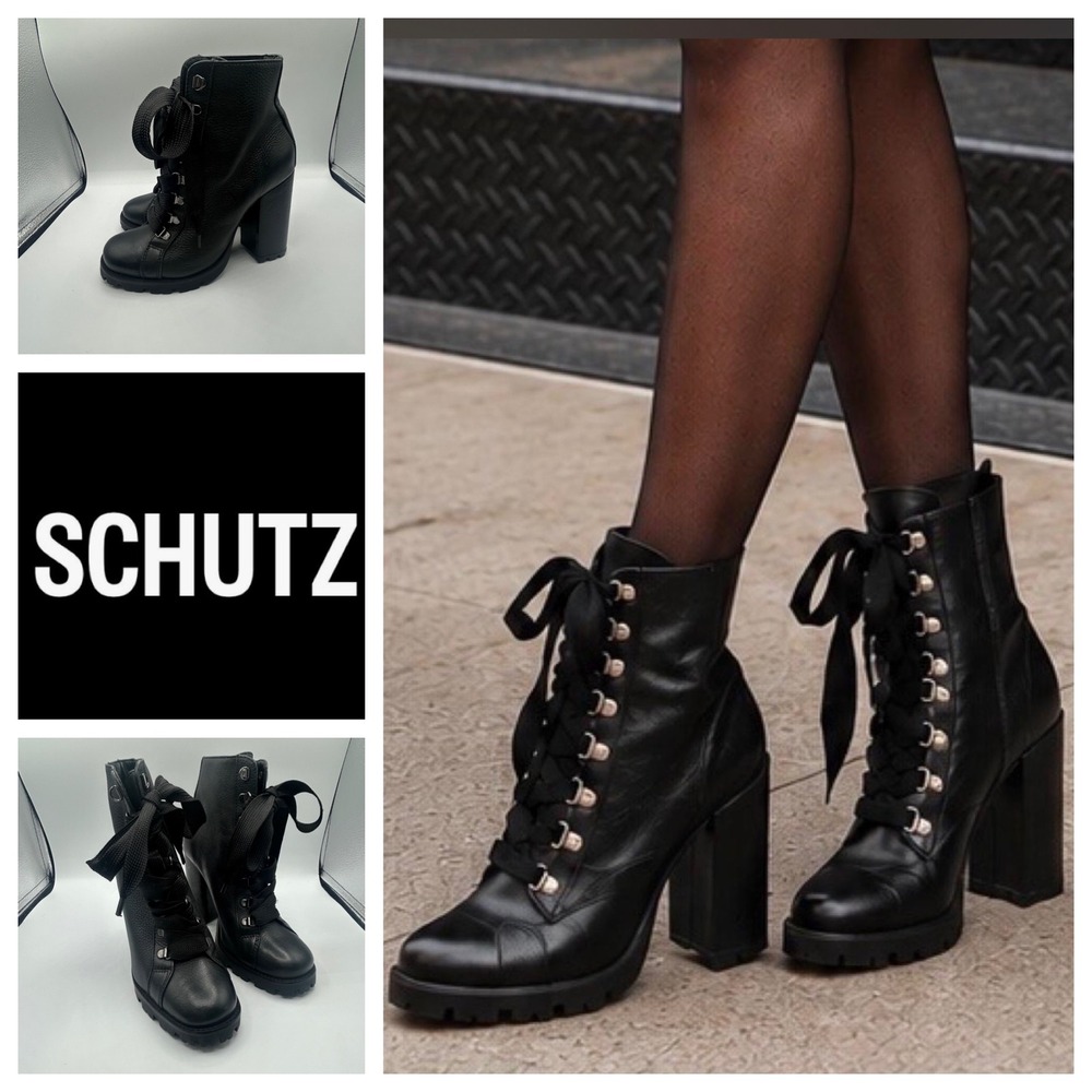 Schutz Black Leather Lace Up Block Heel Lug Sole Combat Ankle Boots 7.5B